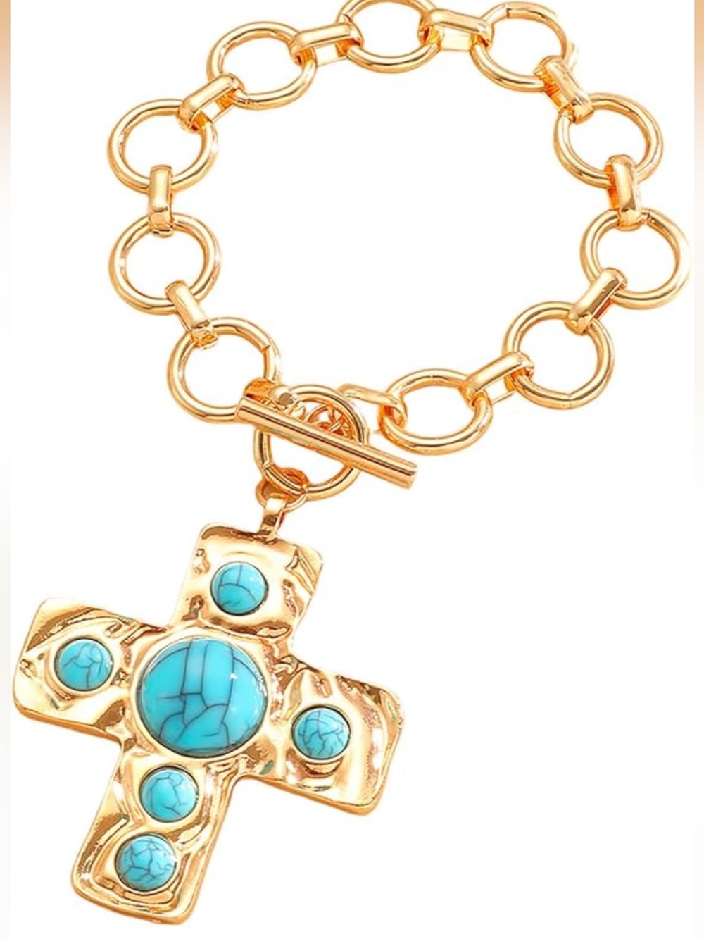 Anthropologie Gold-Tone Chain Necklace with Turquoise Cross Pendant